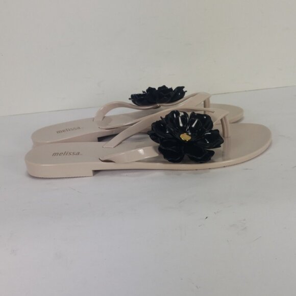 NEW MELISSA HARMONIC BLACK FLOWER BEIGE JELLY FLIP FLOP THONG SANDALS WOMEN'S 7 - Picture 3 of 15